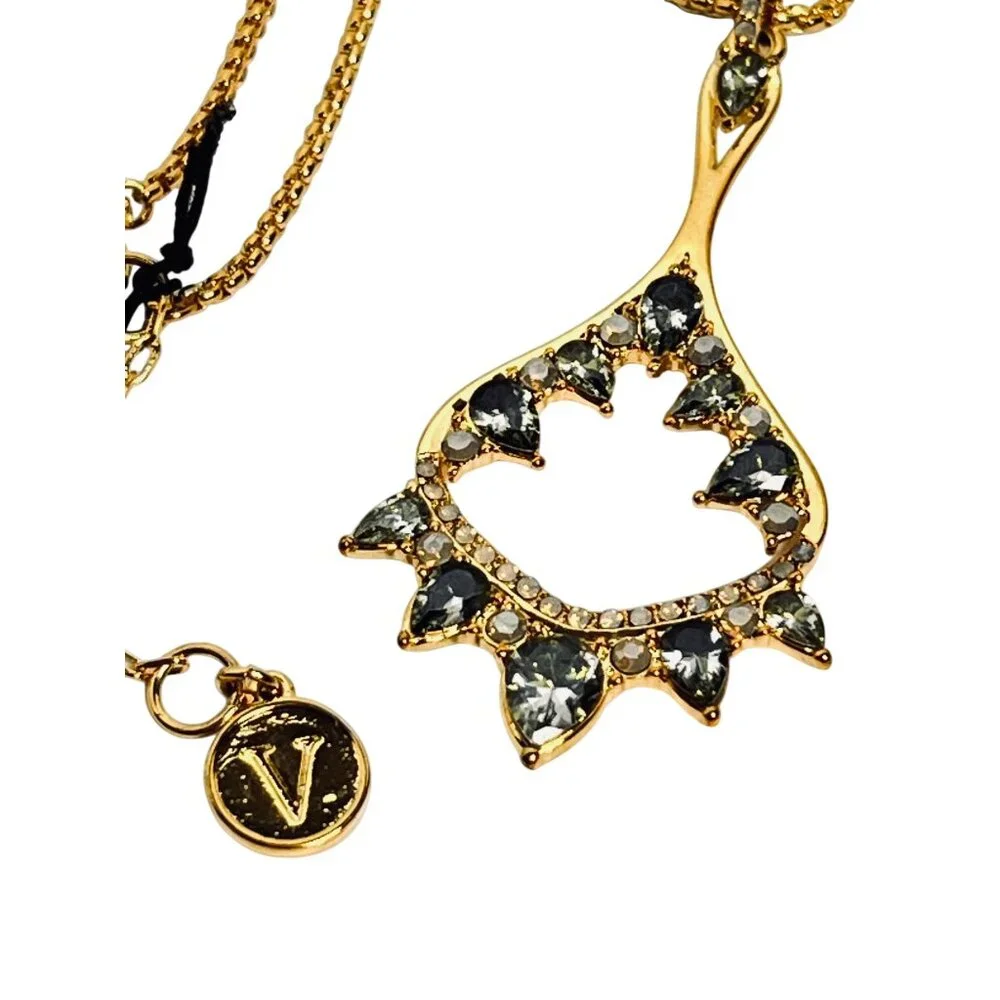 Vince Camuto Gold Tone Necklace With Green And Opaque Rhinestones Pendant (6267) - Picture 6 of 7